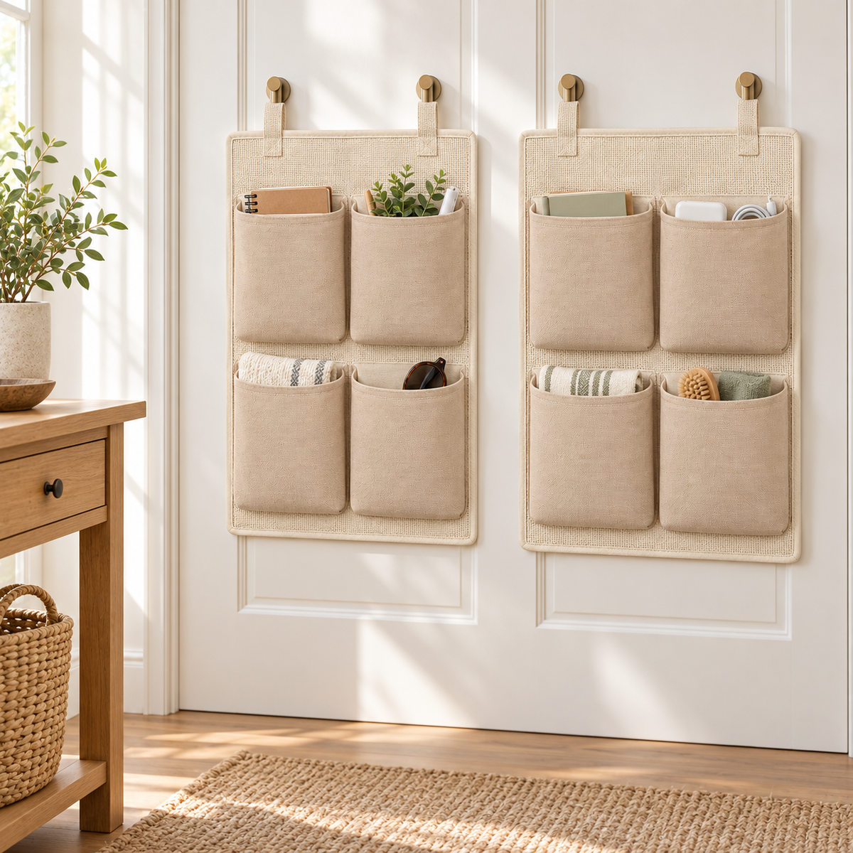 Soft Sand 4-Pocket Hanging Storage Organiser, 2-Piece Set in a home organisation setting