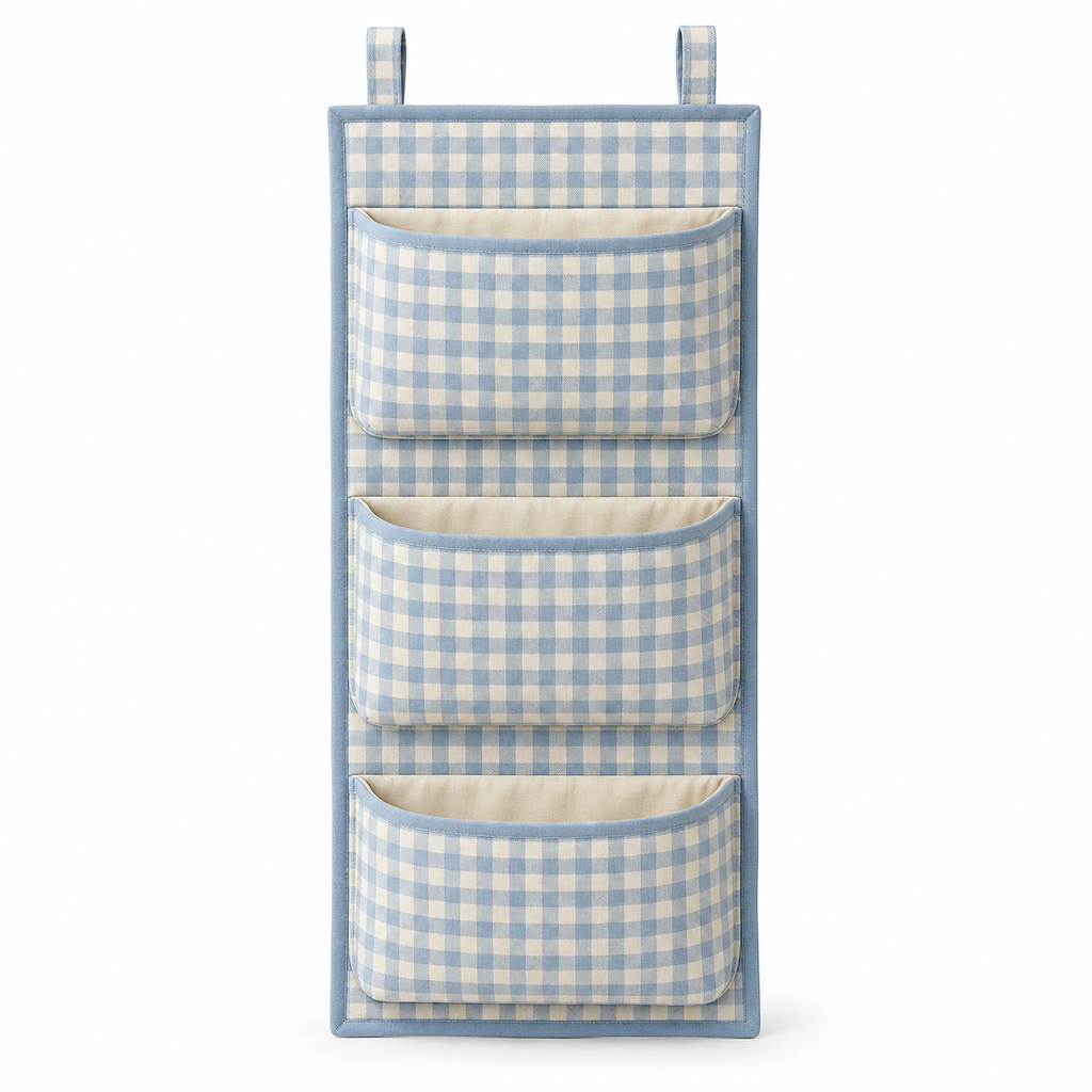 Blue Gingham 3-Pocket Hanging Storage Organiser on a white background