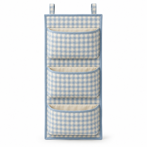 Blue Gingham 3-Pocket Hanging Storage Organiser on a white background