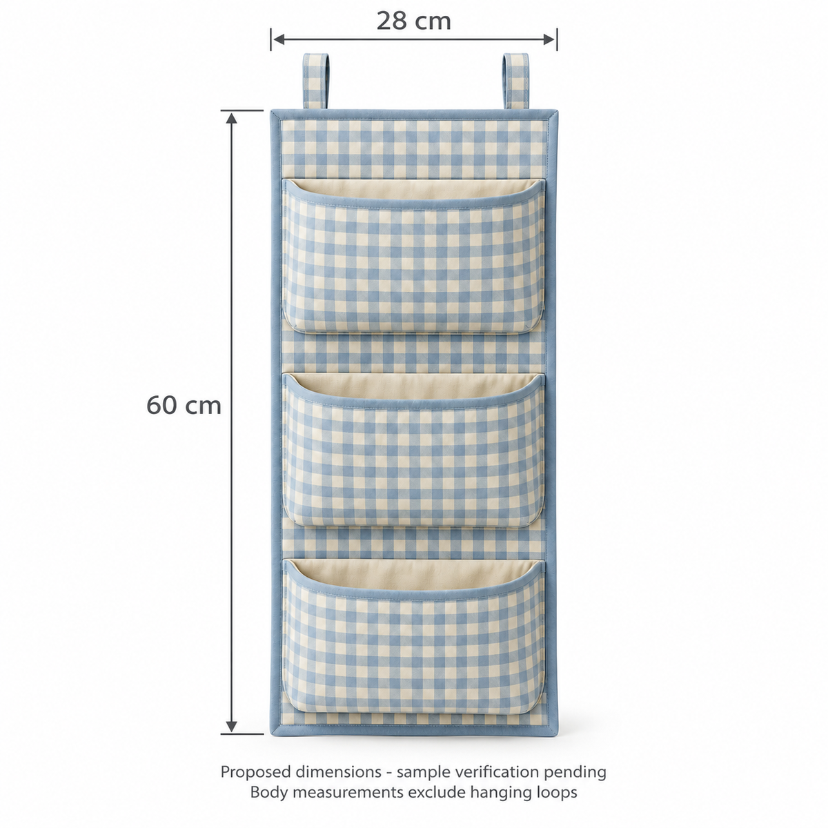 Blue Gingham 3-Pocket Hanging Storage Organiser showing proposed design dimensions