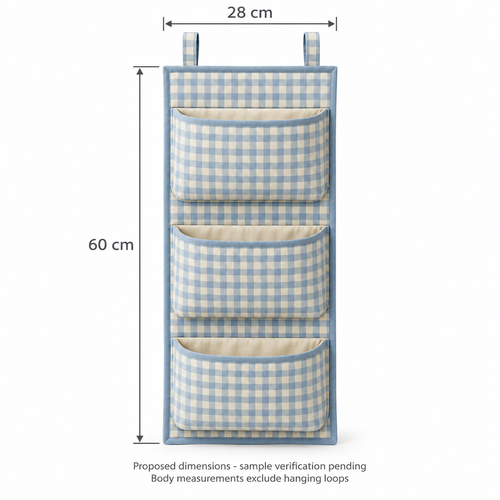 Blue Gingham 3-Pocket Hanging Storage Organiser showing proposed design dimensions