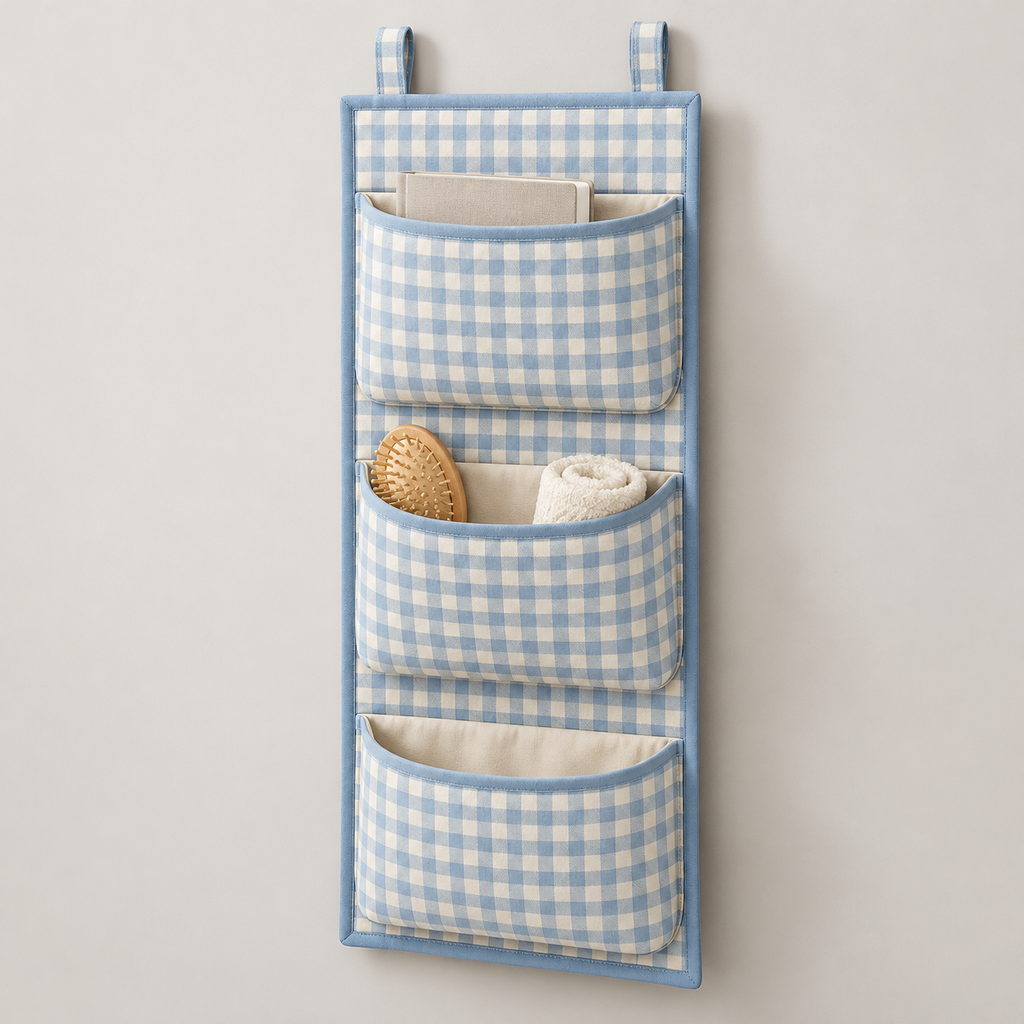 Blue Gingham 3-Pocket Hanging Storage Organiser showing pocket openings and hanging structure