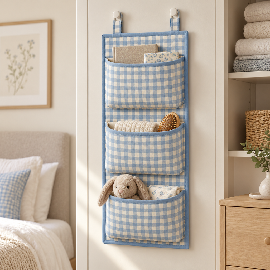 Blue Gingham 3-Pocket Hanging Storage Organiser in a bedroom storage setting