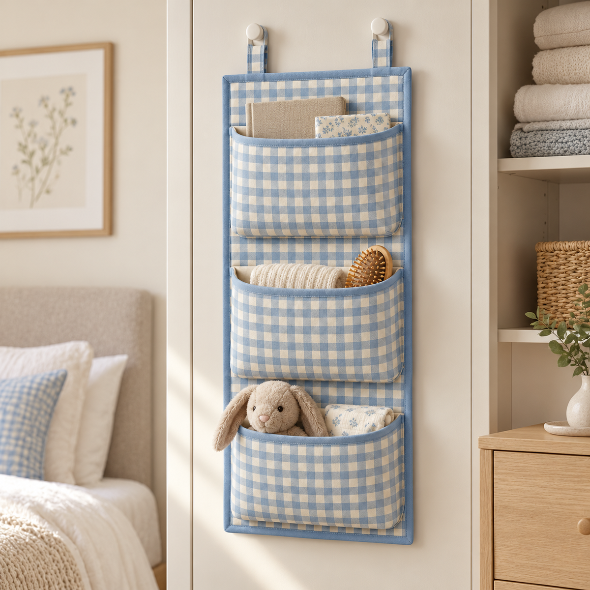 Blue Gingham 3-Pocket Hanging Storage Organiser in a bedroom storage setting
