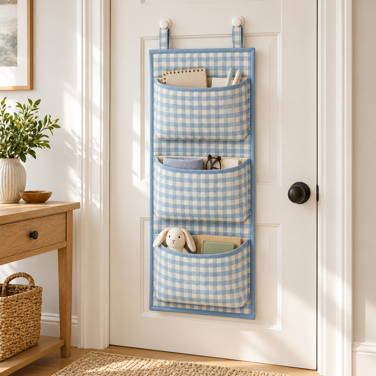 Blue Gingham 3-Pocket Hanging Storage Organiser in a home organisation setting