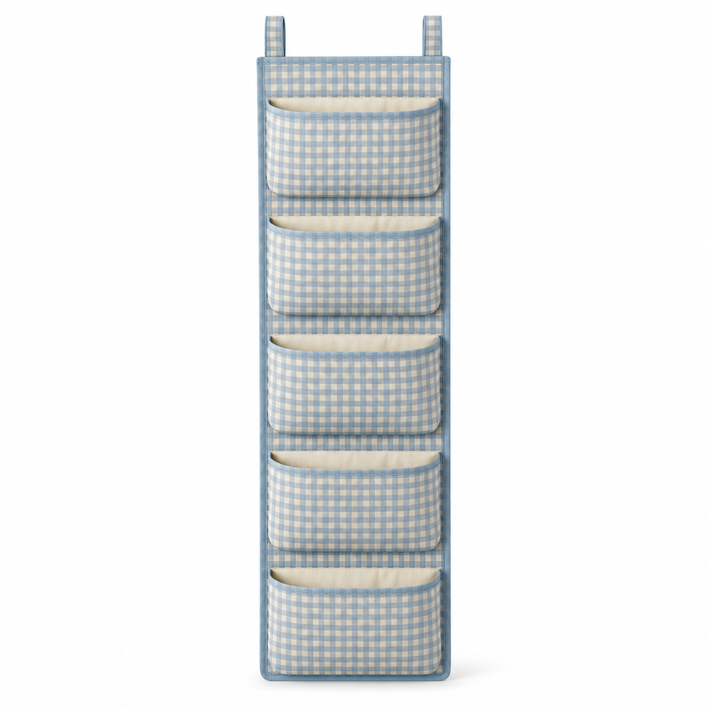 Blue Gingham 5-Pocket Narrow Hanging Storage Organiser on a white background