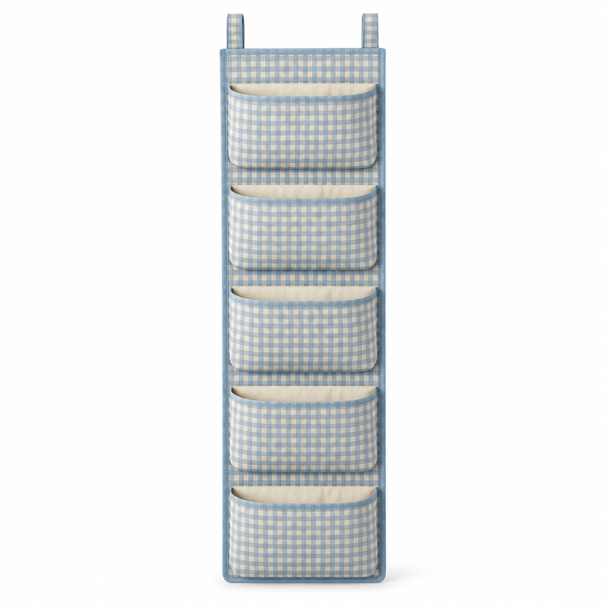 Blue Gingham 5-Pocket Narrow Hanging Storage Organiser on a white background