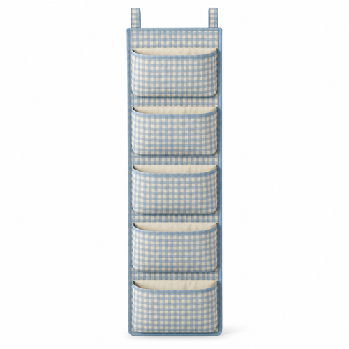 Blue Gingham 5-Pocket Narrow Hanging Storage Organiser on a white background
