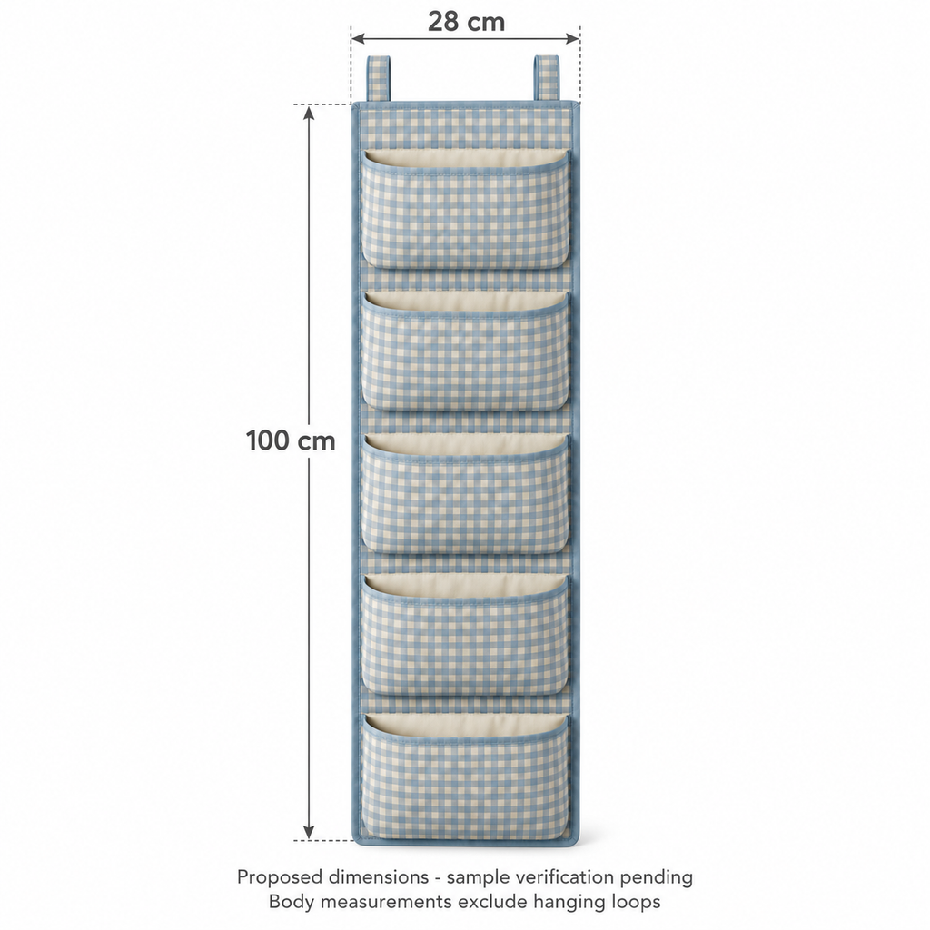 Blue Gingham 5-Pocket Narrow Hanging Storage Organiser showing proposed design dimensions