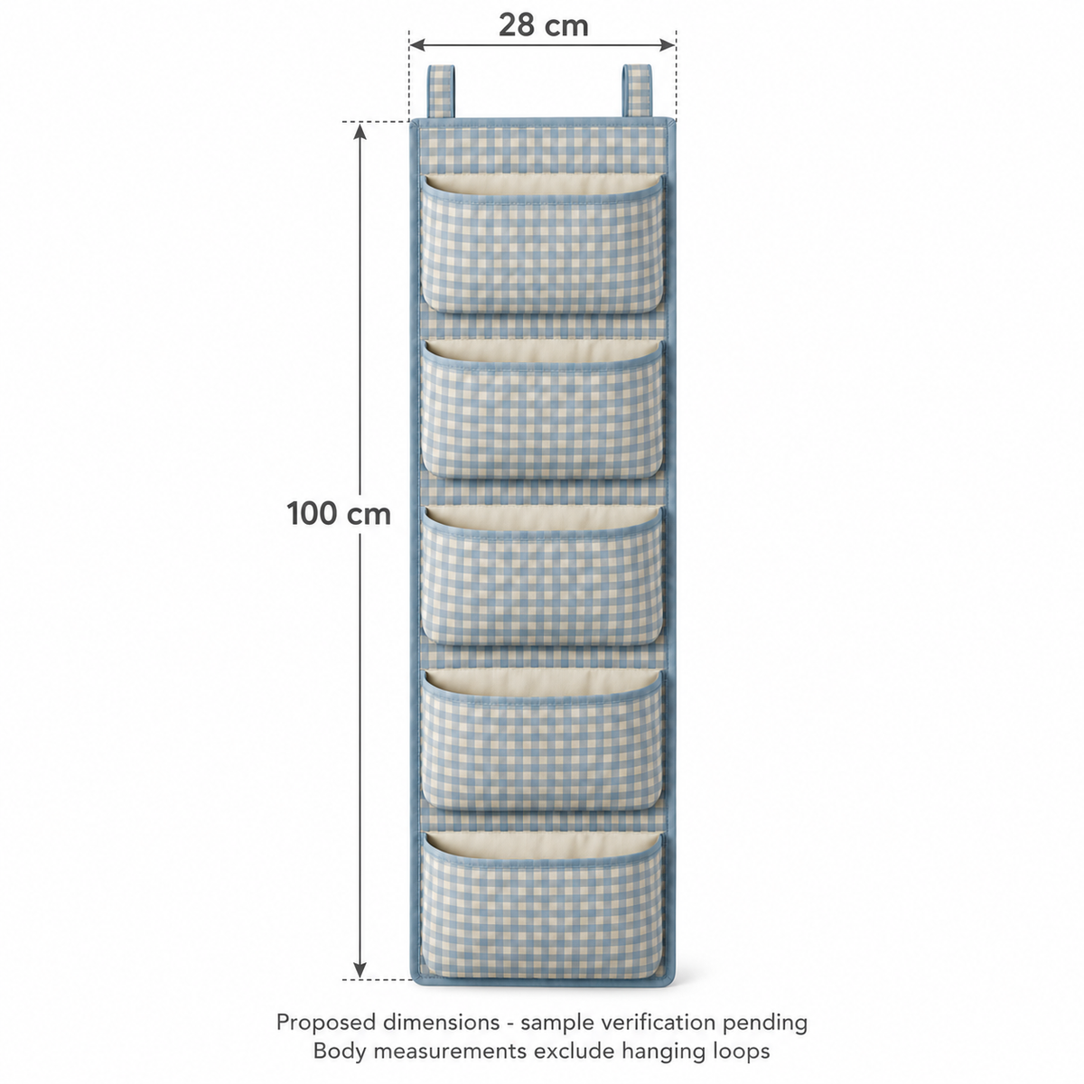 Blue Gingham 5-Pocket Narrow Hanging Storage Organiser showing proposed design dimensions