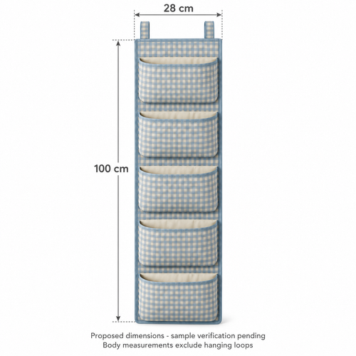 Blue Gingham 5-Pocket Narrow Hanging Storage Organiser showing proposed design dimensions