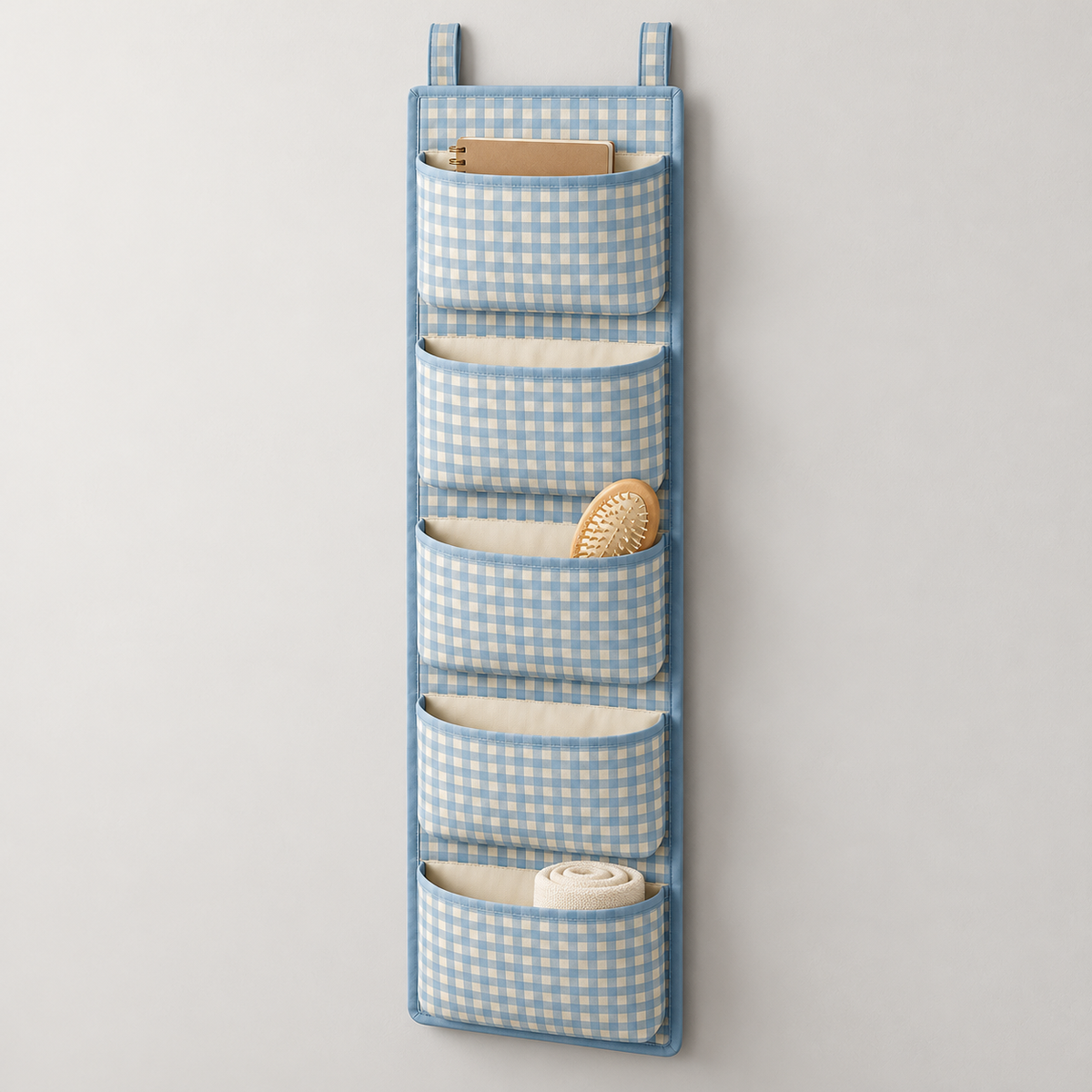 Blue Gingham 5-Pocket Narrow Hanging Storage Organiser showing pocket openings and hanging structure