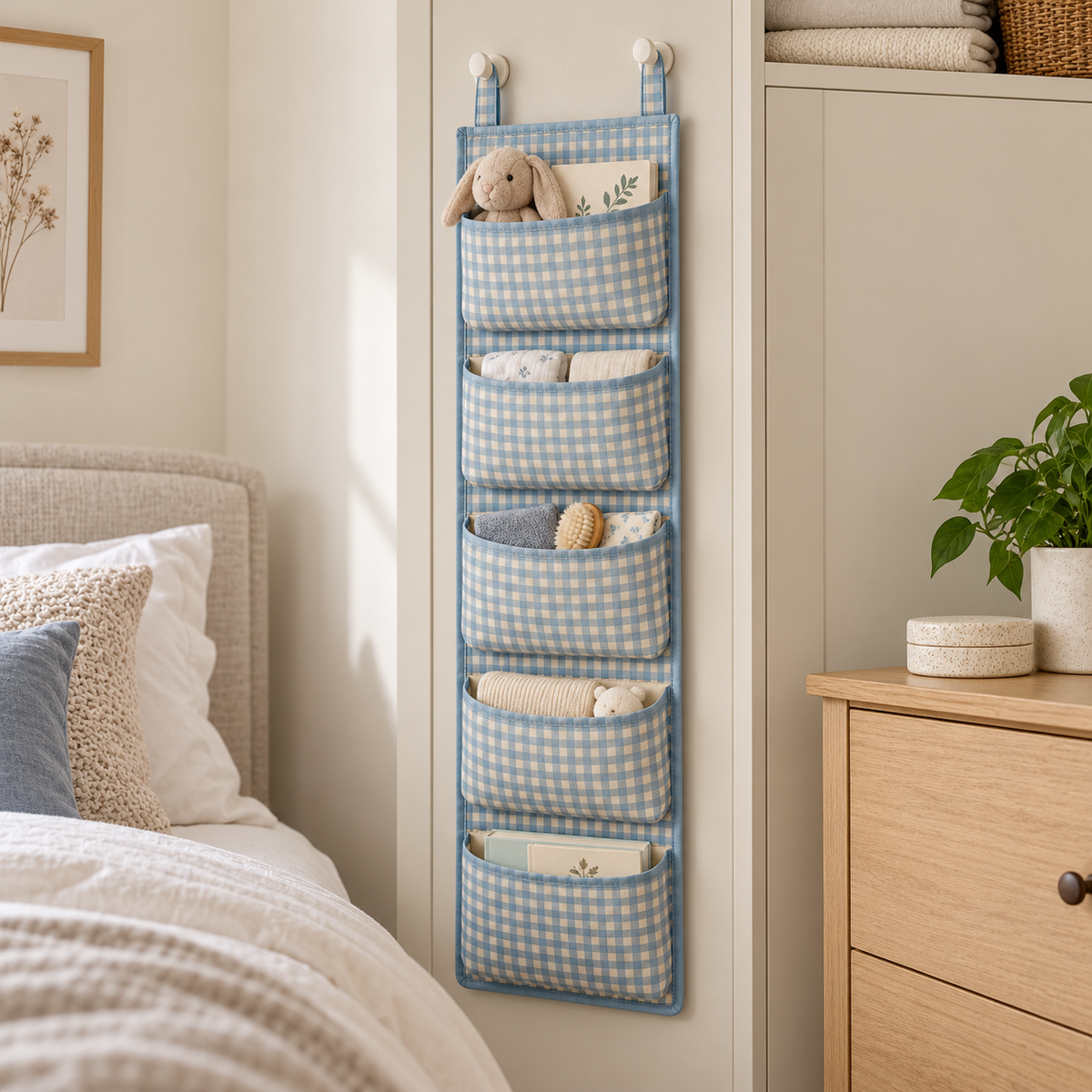 Blue Gingham 5-Pocket Narrow Hanging Storage Organiser in a bedroom storage setting