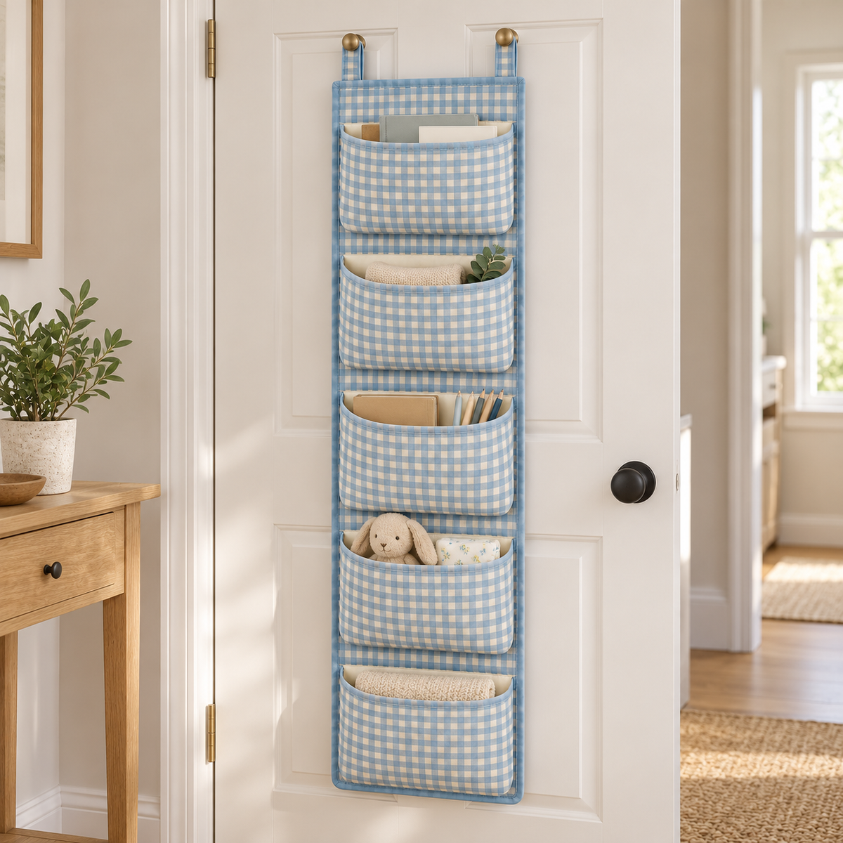 Blue Gingham 5-Pocket Narrow Hanging Storage Organiser in a home organisation setting