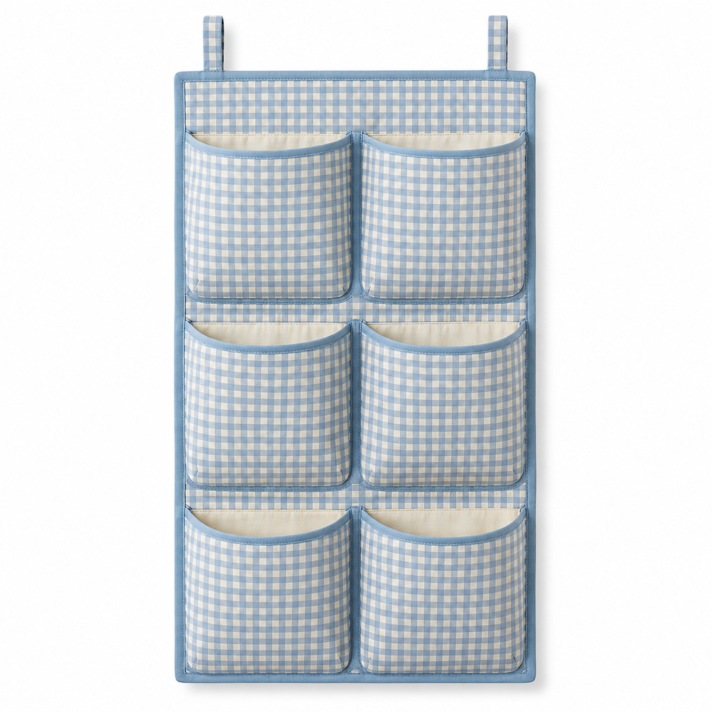 Blue Gingham 6-Pocket Hanging Storage Organiser on a white background