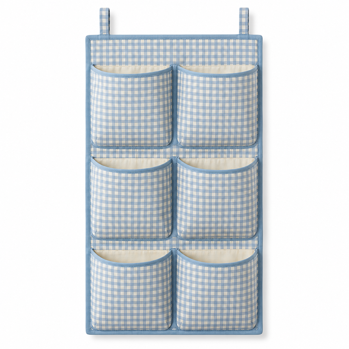 Blue Gingham 6-Pocket Hanging Storage Organiser on a white background