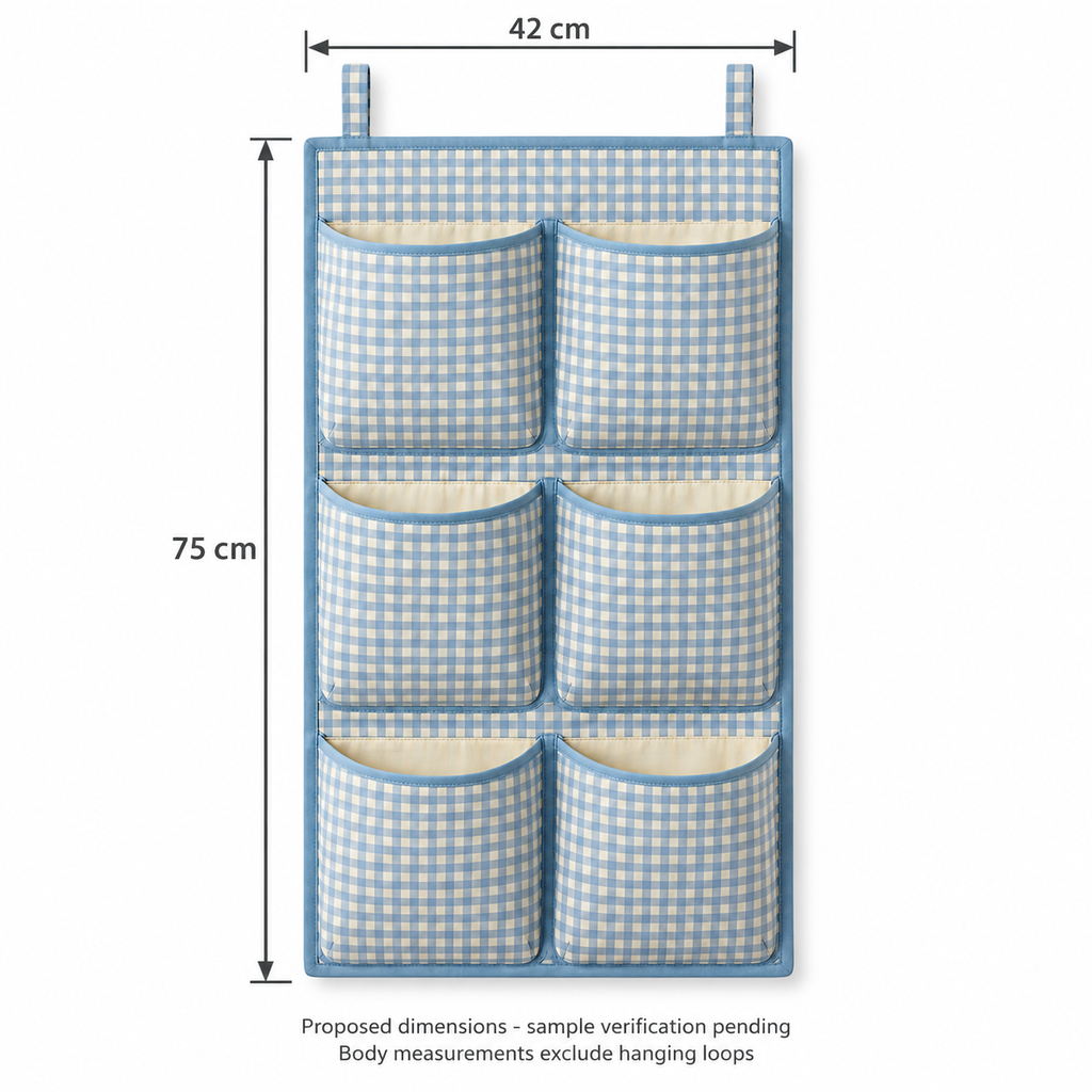 Blue Gingham 6-Pocket Hanging Storage Organiser showing proposed design dimensions