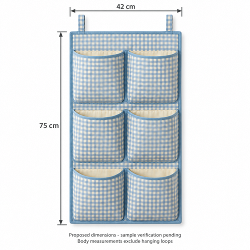 Blue Gingham 6-Pocket Hanging Storage Organiser showing proposed design dimensions