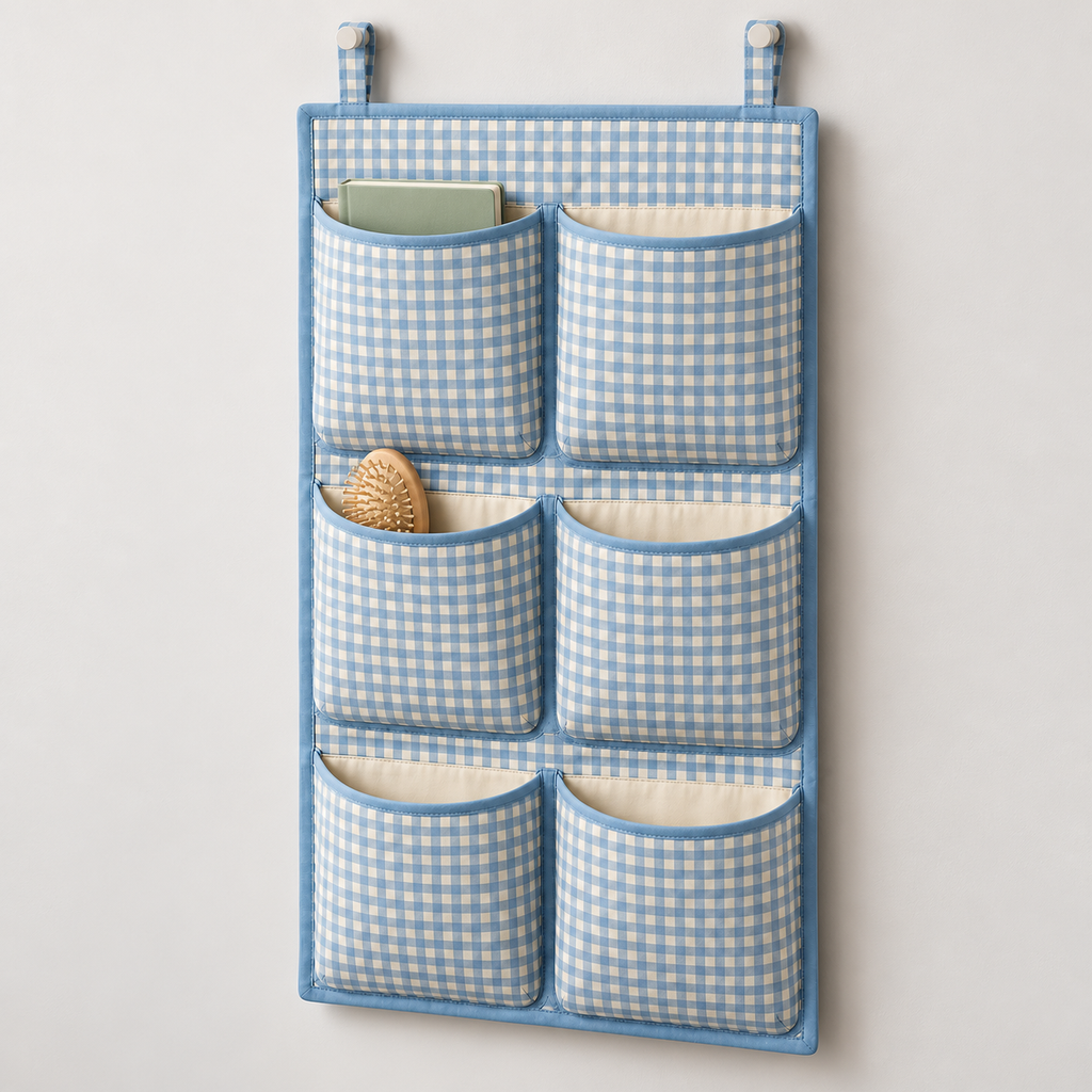 Blue Gingham 6-Pocket Hanging Storage Organiser showing pocket openings and hanging structure