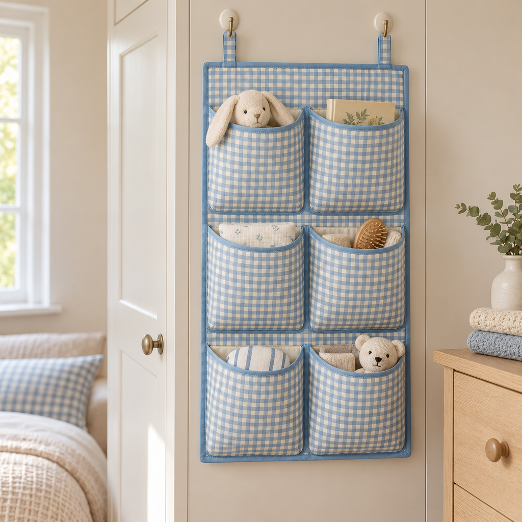 Blue Gingham 6-Pocket Hanging Storage Organiser in a bedroom storage setting