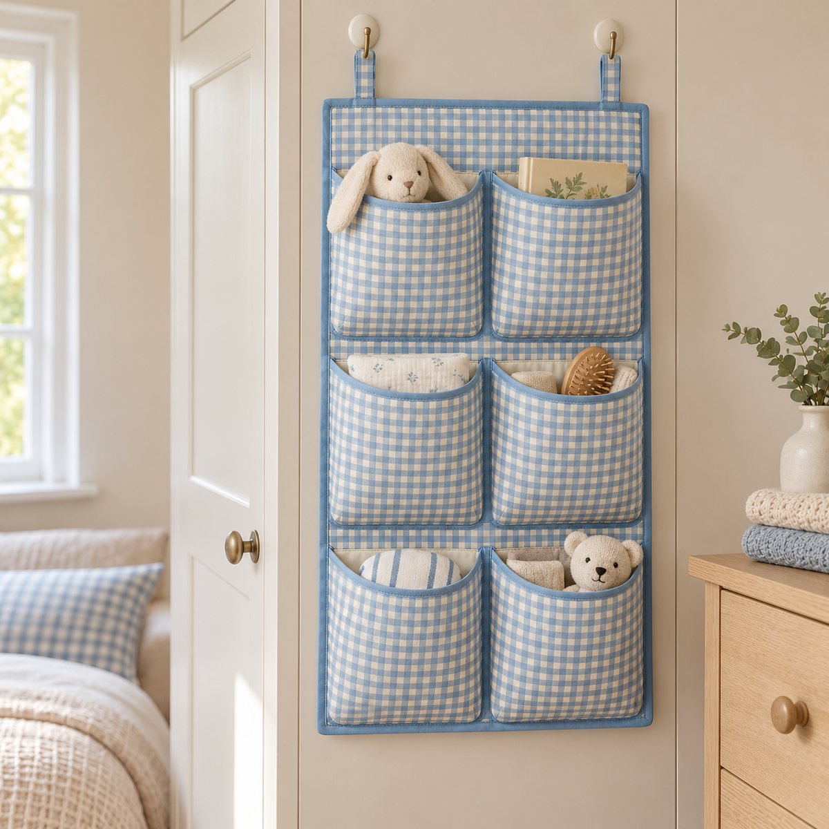 Blue Gingham 6-Pocket Hanging Storage Organiser in a bedroom storage setting