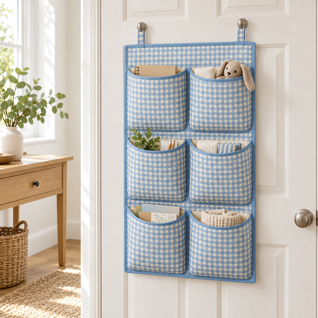 Blue Gingham 6-Pocket Hanging Storage Organiser in a home organisation setting