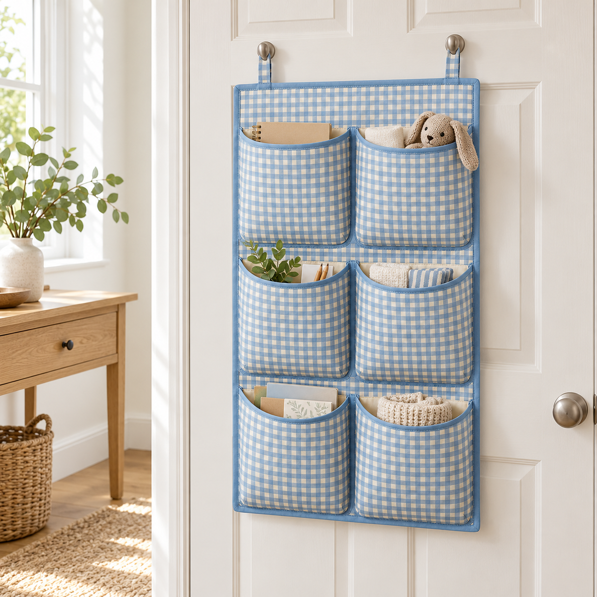 Blue Gingham 6-Pocket Hanging Storage Organiser in a home organisation setting