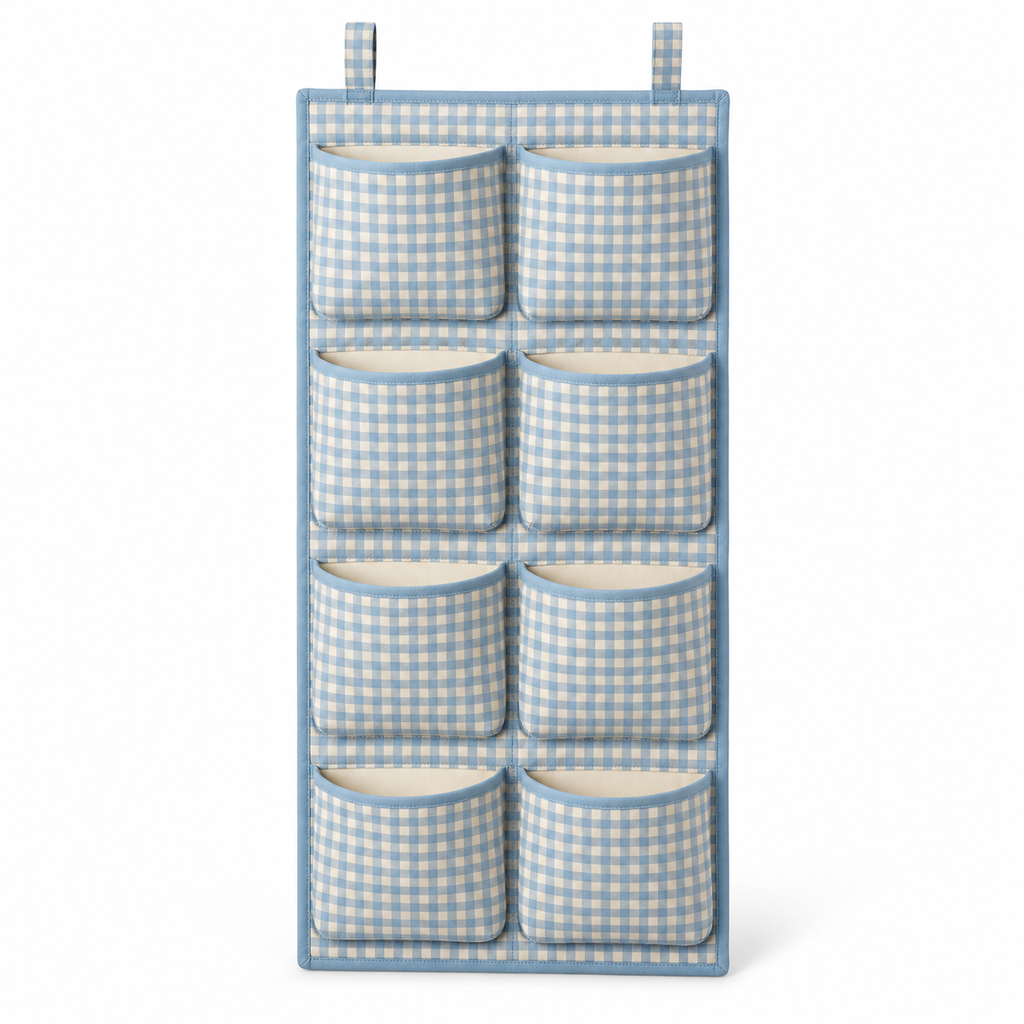Blue Gingham 8-Pocket Hanging Storage Organiser on a white background