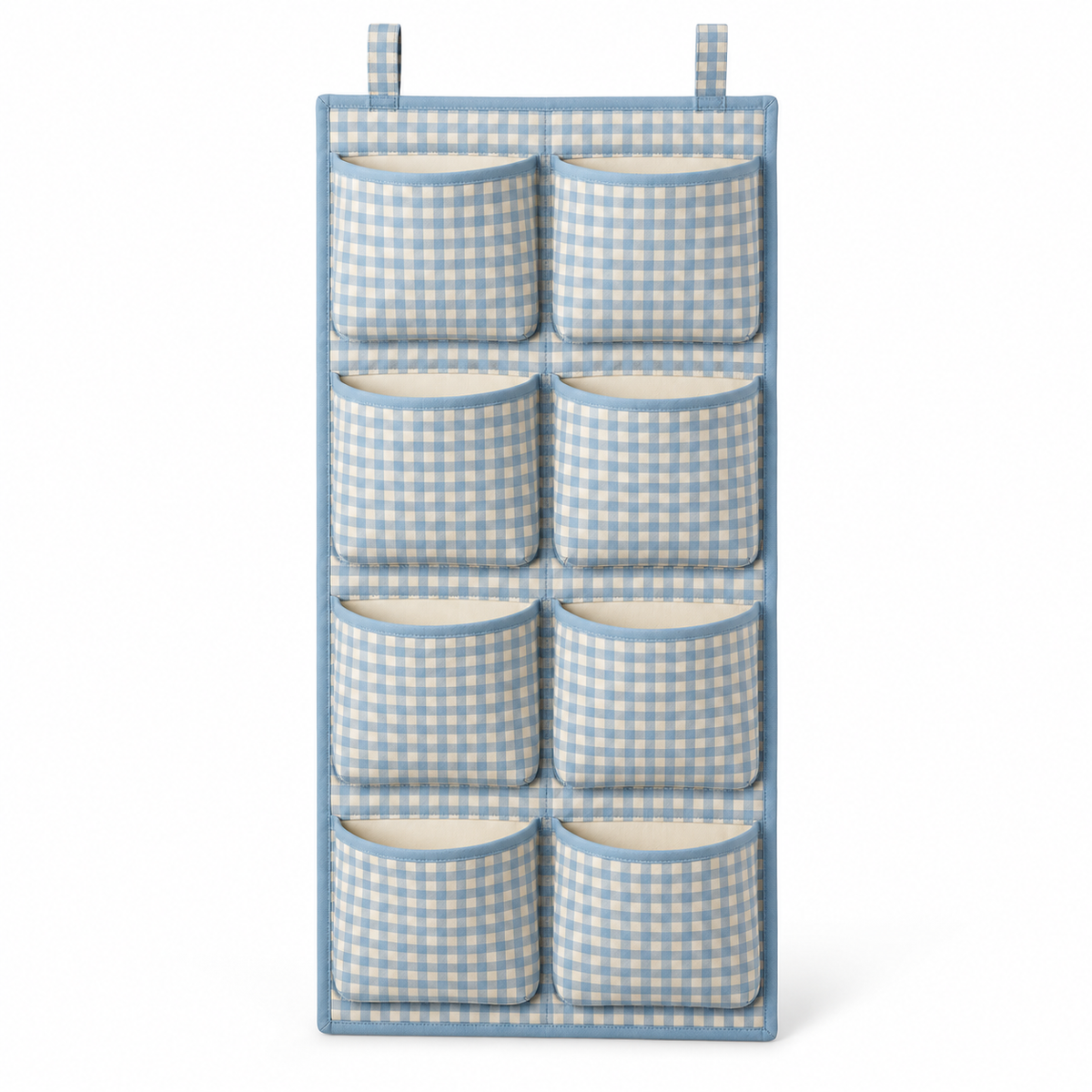 Blue Gingham 8-Pocket Hanging Storage Organiser on a white background