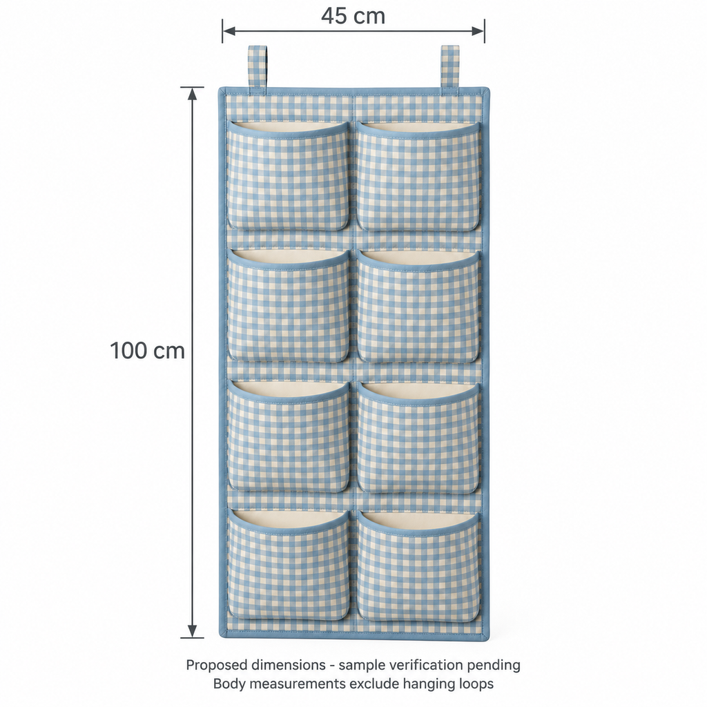 Blue Gingham 8-Pocket Hanging Storage Organiser showing proposed design dimensions
