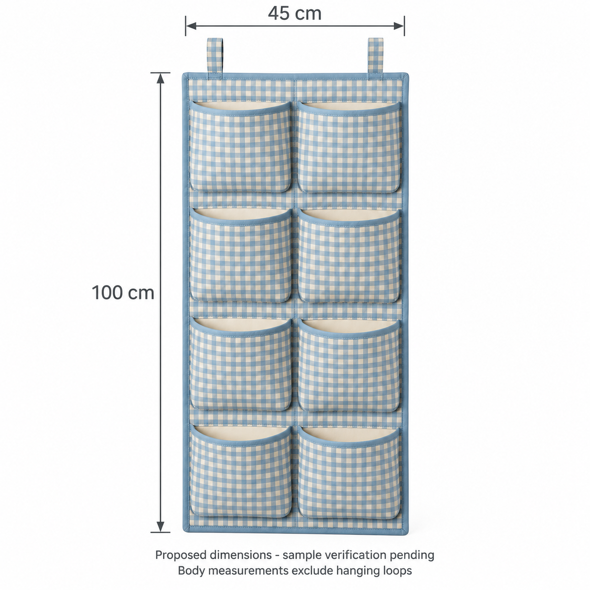 Blue Gingham 8-Pocket Hanging Storage Organiser showing proposed design dimensions