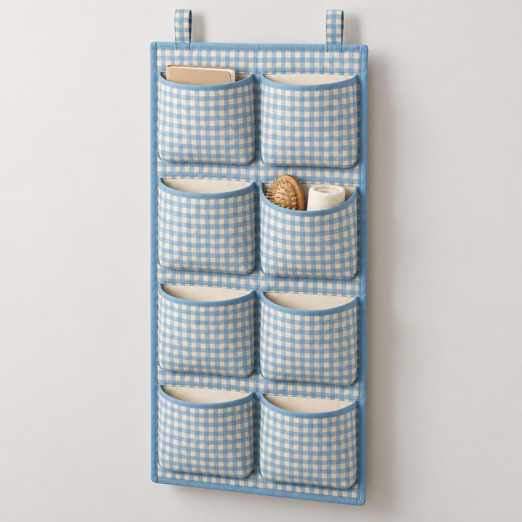 Blue Gingham 8-Pocket Hanging Storage Organiser showing pocket openings and hanging structure