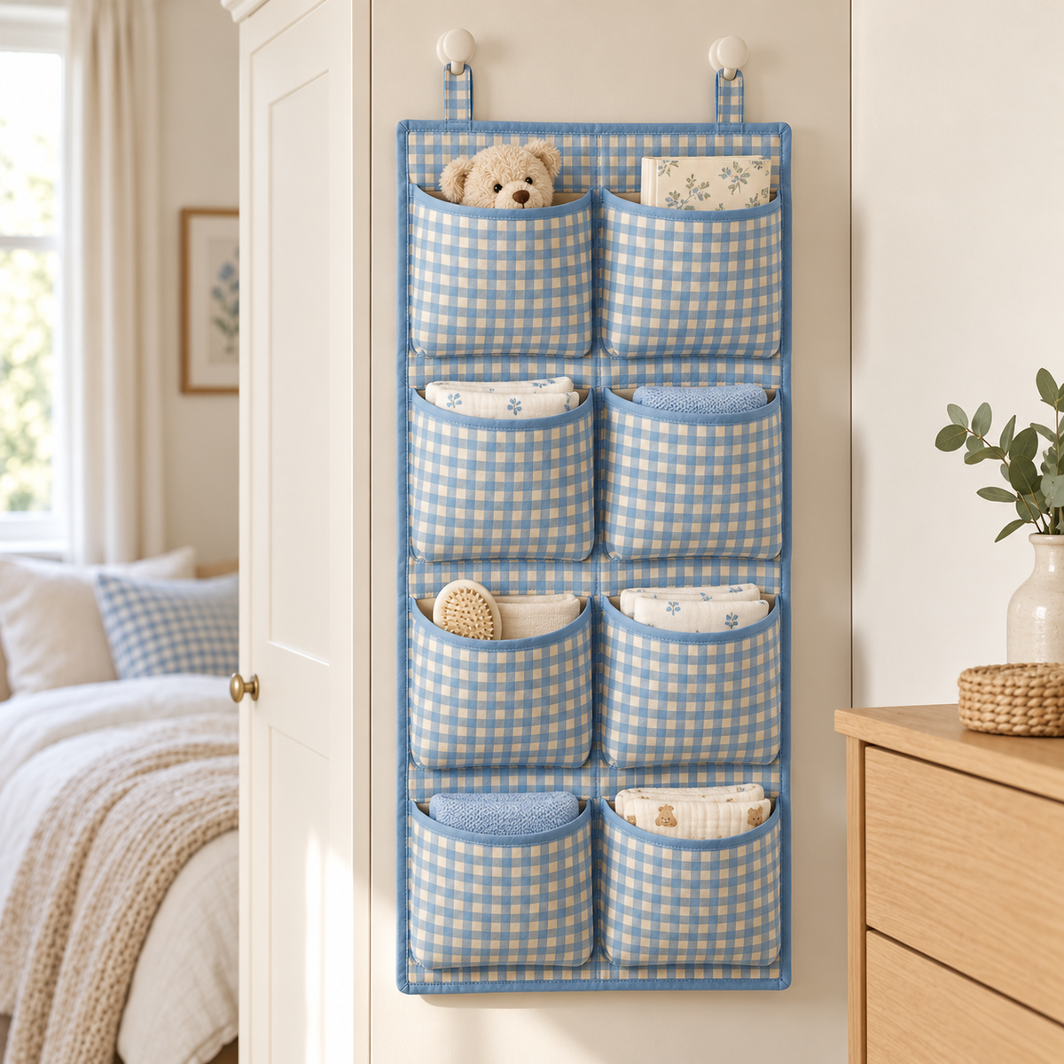 Blue Gingham 8-Pocket Hanging Storage Organiser in a bedroom storage setting