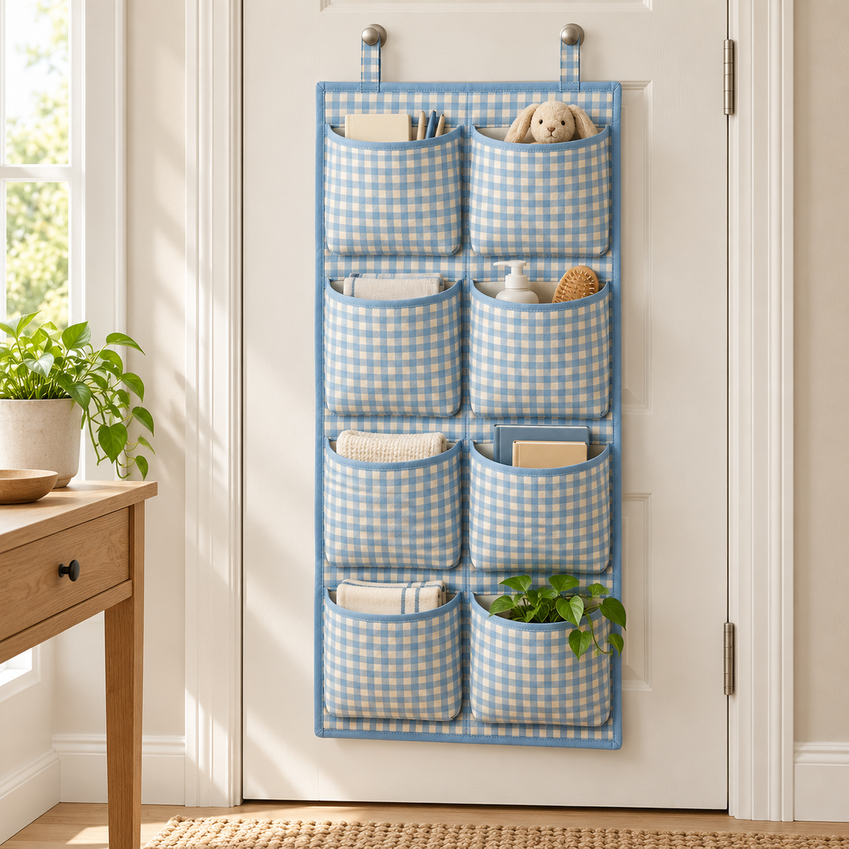 Blue Gingham 8-Pocket Hanging Storage Organiser in a home organisation setting