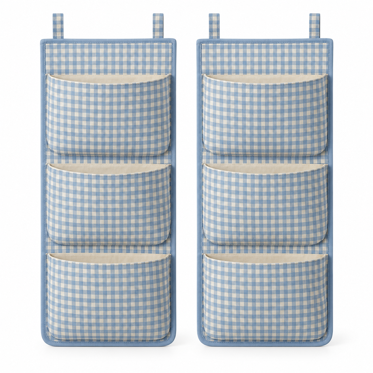 Blue Gingham 3-Pocket Hanging Storage Organiser, 2-Piece Set on a white background