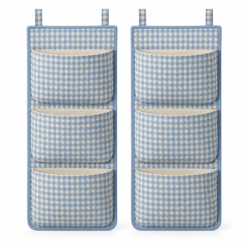 Blue Gingham 3-Pocket Hanging Storage Organiser, 2-Piece Set on a white background