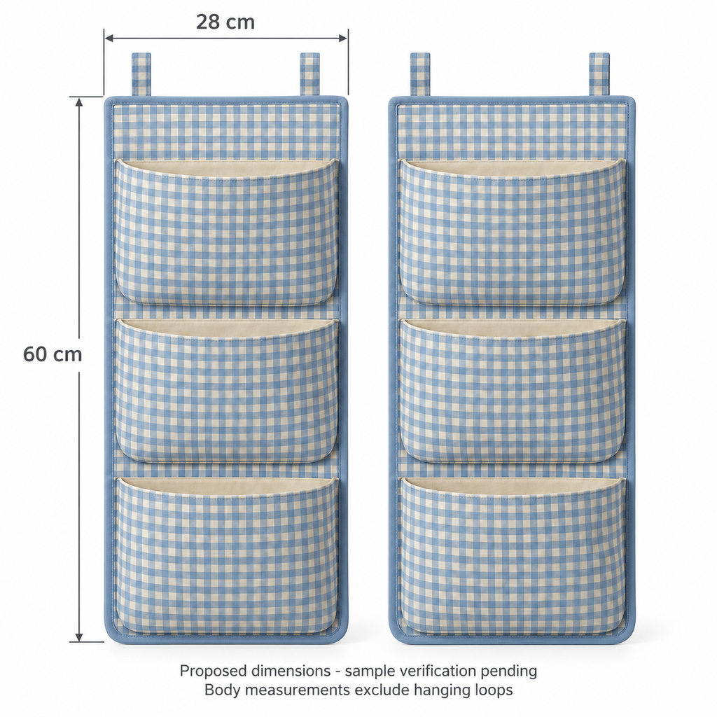 Blue Gingham 3-Pocket Hanging Storage Organiser, 2-Piece Set showing proposed design dimensions