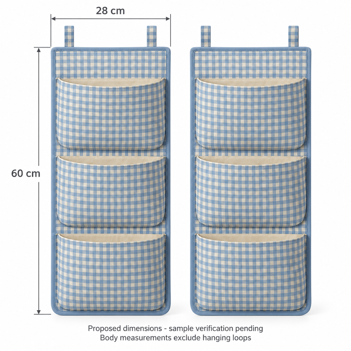 Blue Gingham 3-Pocket Hanging Storage Organiser, 2-Piece Set showing proposed design dimensions