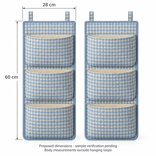 Blue Gingham 3-Pocket Hanging Storage Organiser, 2-Piece Set showing proposed design dimensions