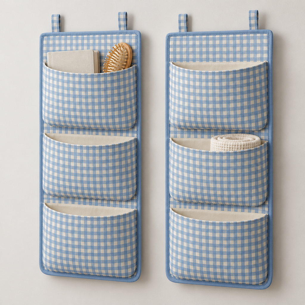Blue Gingham 3-Pocket Hanging Storage Organiser, 2-Piece Set showing pocket openings and hanging structure