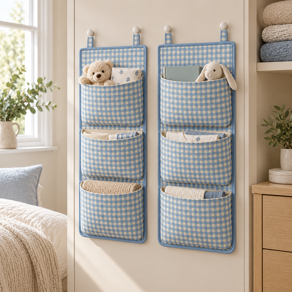Blue Gingham 3-Pocket Hanging Storage Organiser, 2-Piece Set in a bedroom storage setting