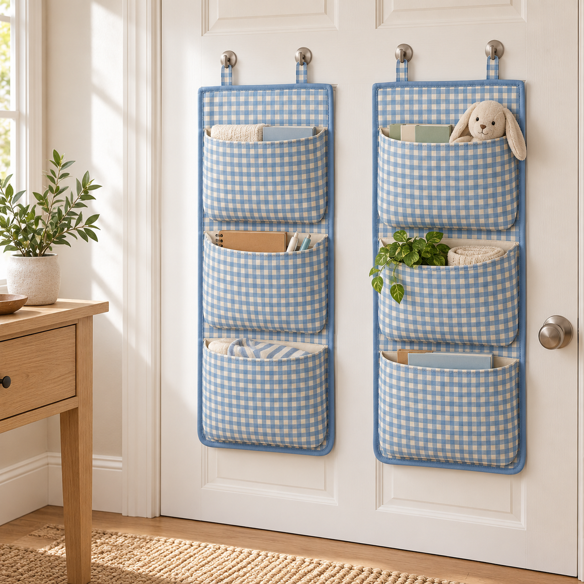 Blue Gingham 3-Pocket Hanging Storage Organiser, 2-Piece Set in a home organisation setting